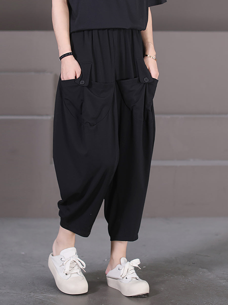 Women's Harem Pants Plus Size Black Stretch Fabric Casual Ankle-Length