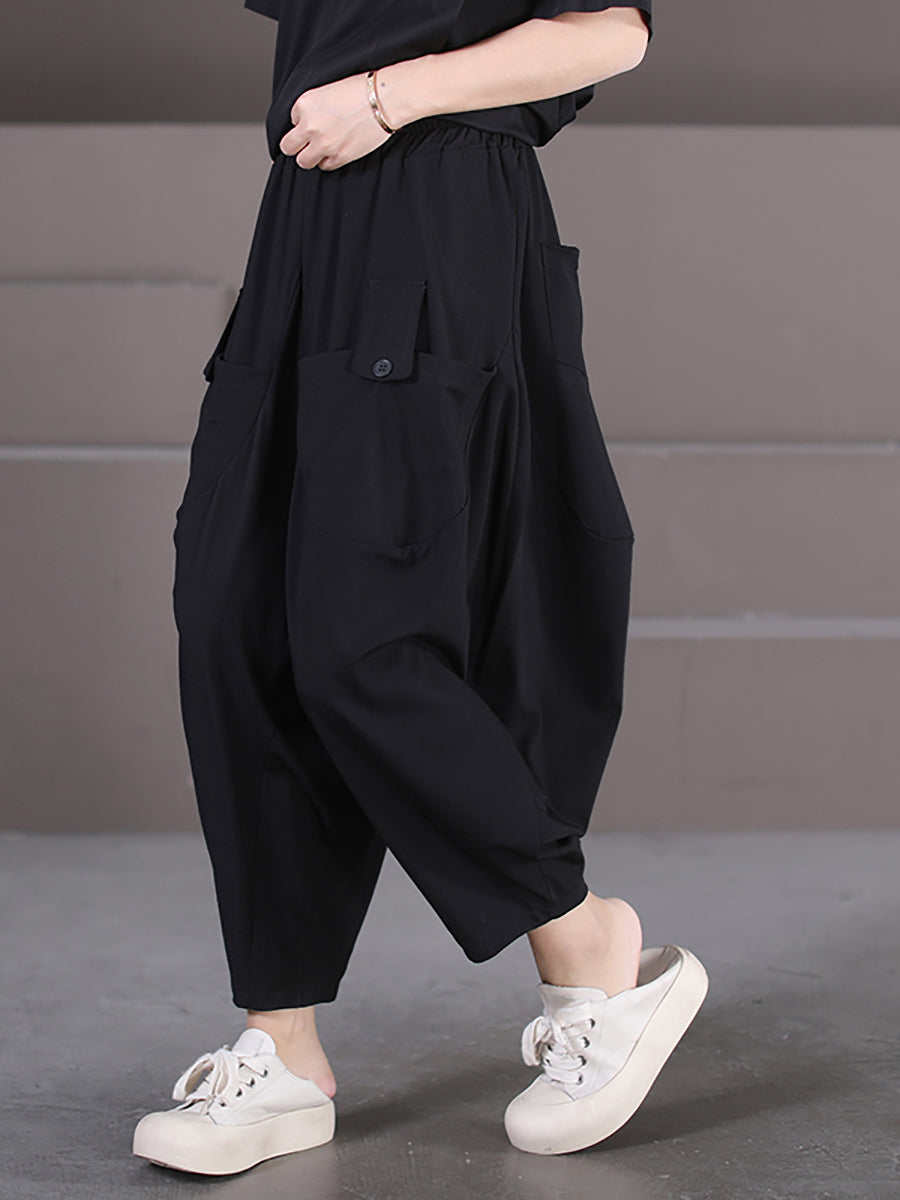 Women's Harem Pants Plus Size Black Stretch Fabric Casual Ankle-Length