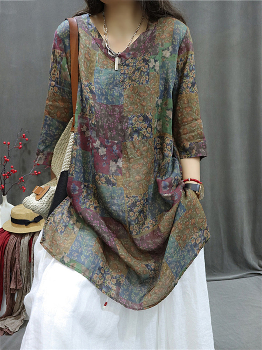 Women's Shirt - Plus Size, Retro V-Neck, Lightweight Ramie - Stylish Summer Blouse by [Brand Name] - 1