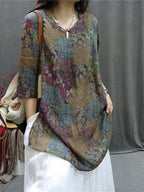 Women's Shirt - Plus Size, Retro V-Neck, Lightweight Ramie - Stylish Summer Blouse by [Brand Name] - 4