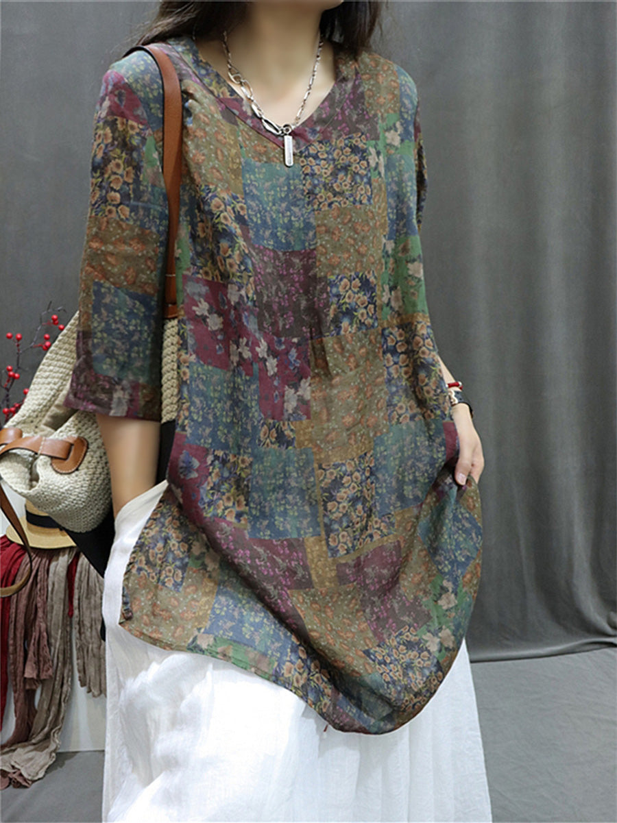 Women's Shirt - Plus Size, Retro V-Neck, Lightweight Ramie - Stylish Summer Blouse by [Brand Name] - 4