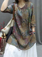 Women's Shirt - Plus Size, Retro V-Neck, Lightweight Ramie - Stylish Summer Blouse by [Brand Name] - 5