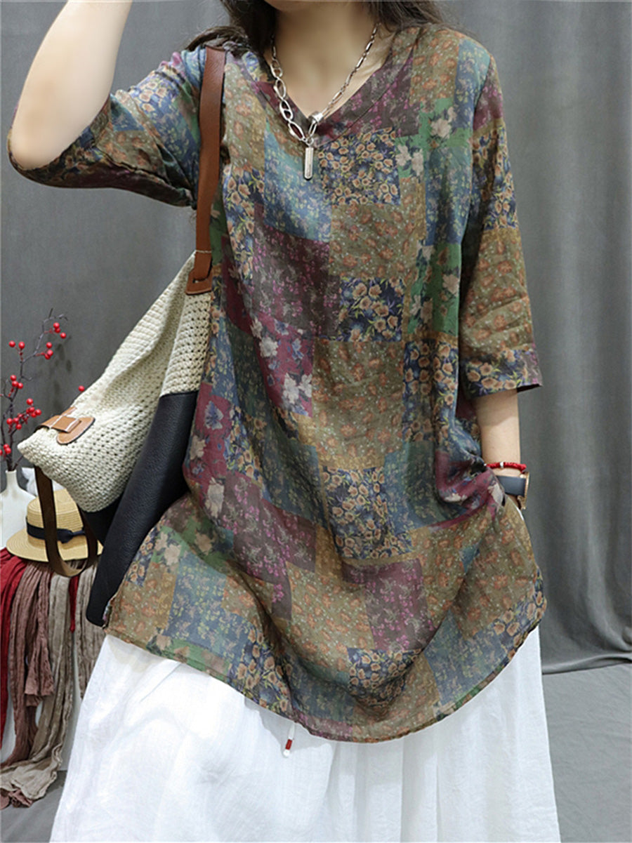 Women's Shirt - Plus Size, Retro V-Neck, Lightweight Ramie - Stylish Summer Blouse by [Brand Name] - 5