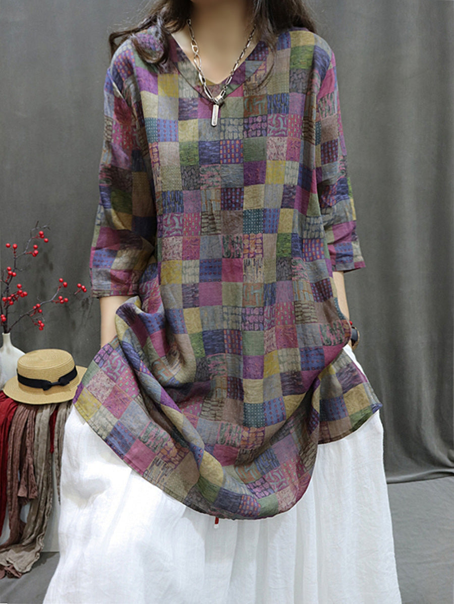 Women's Shirt - Plus Size, Retro V-Neck, Lightweight Ramie - Stylish Summer Blouse by [Brand Name] - 9