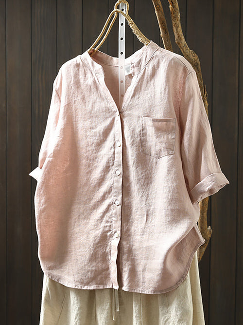 Women's Shirt - Plus Size Linen V-Neck, Three-Quarter Sleeve, Casual Style - Brand Name - 2