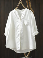Women's Shirt - Plus Size Linen V-Neck, Three-Quarter Sleeve, Casual Style - Brand Name - 7