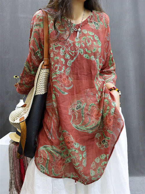 Womens Blouse - Plus Size Vintage Flower Design, O-Neck, 3/4 Sleeves - Ideal Summer Tops for Women - Brand Name - 1