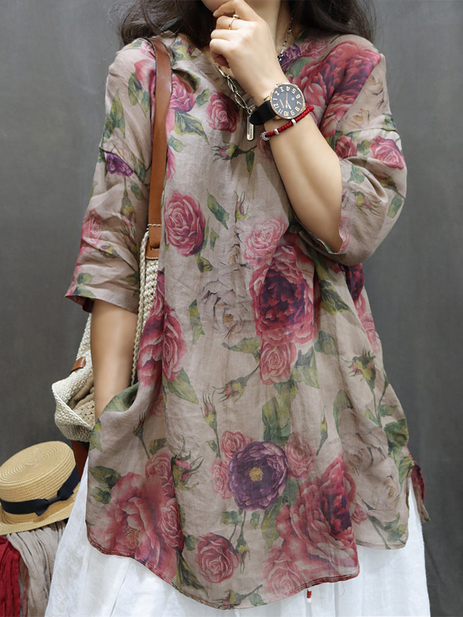 Womens Blouse - Plus Size Vintage Flower Design, O-Neck, 3/4 Sleeves - Ideal Summer Tops for Women - Brand Name - 7