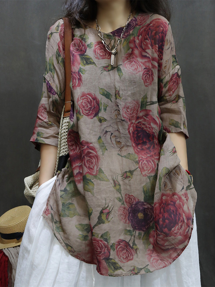 Womens Blouse - Plus Size Vintage Flower Design, O-Neck, 3/4 Sleeves - Ideal Summer Tops for Women - Brand Name - 8