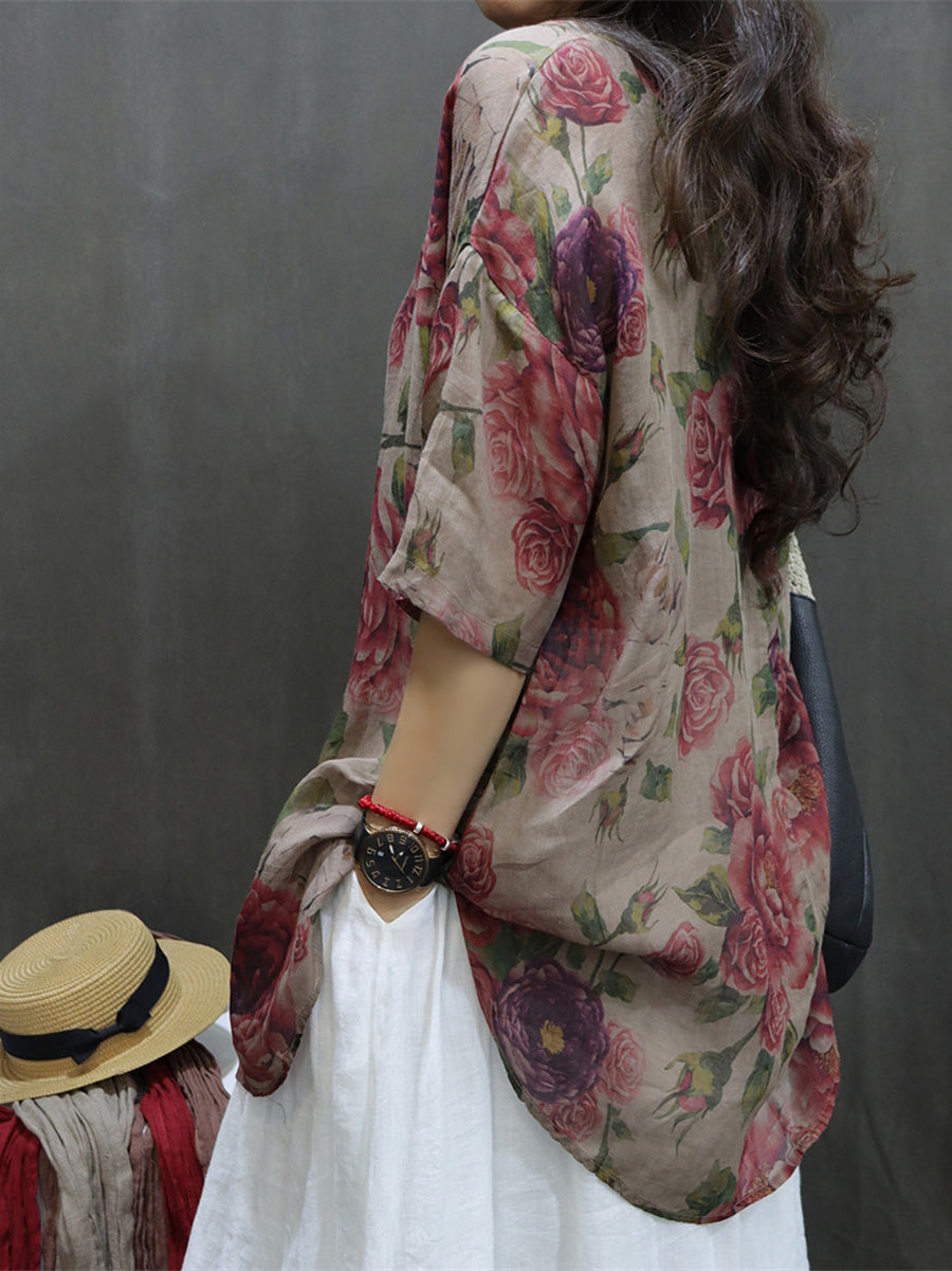 Womens Blouse - Plus Size Vintage Flower Design, O-Neck, 3/4 Sleeves - Ideal Summer Tops for Women - Brand Name - 9