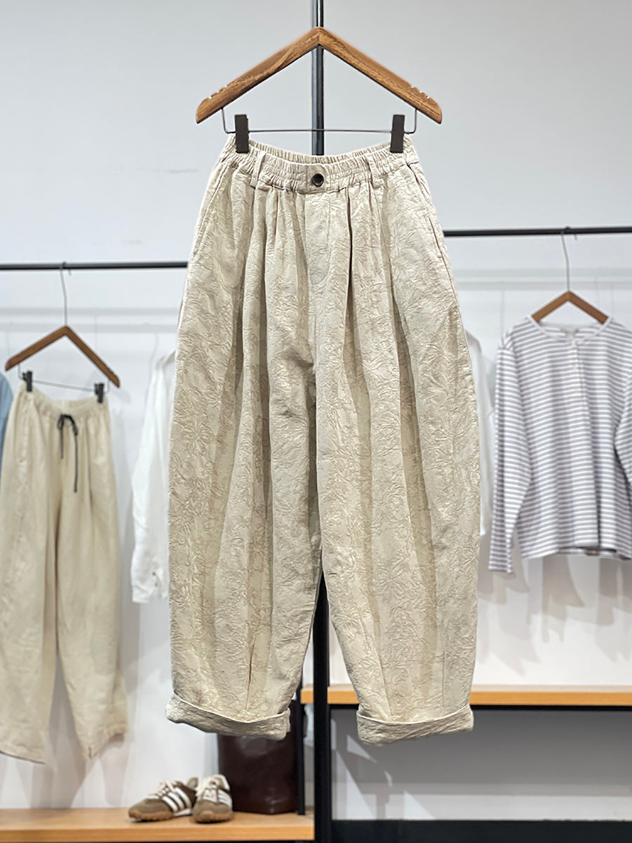 Women's Wide Leg Pants Green Jacquard Linen Cotton