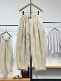 Women's Wide Leg Pants Green Jacquard Linen Cotton