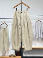 Women's Wide Leg Pants Green Jacquard Linen Cotton