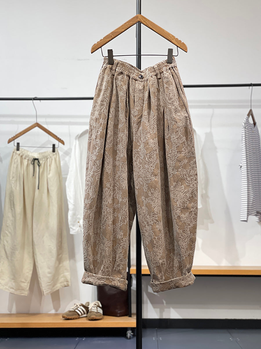 Women's Wide Leg Pants Green Jacquard Linen Cotton