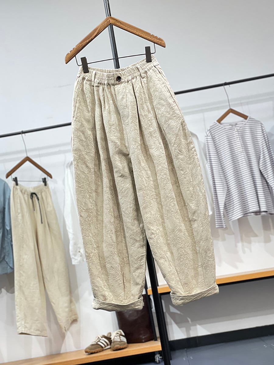 Women's Wide Leg Pants Green Jacquard Linen Cotton