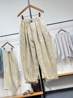 Women's Wide Leg Pants Green Jacquard Linen Cotton