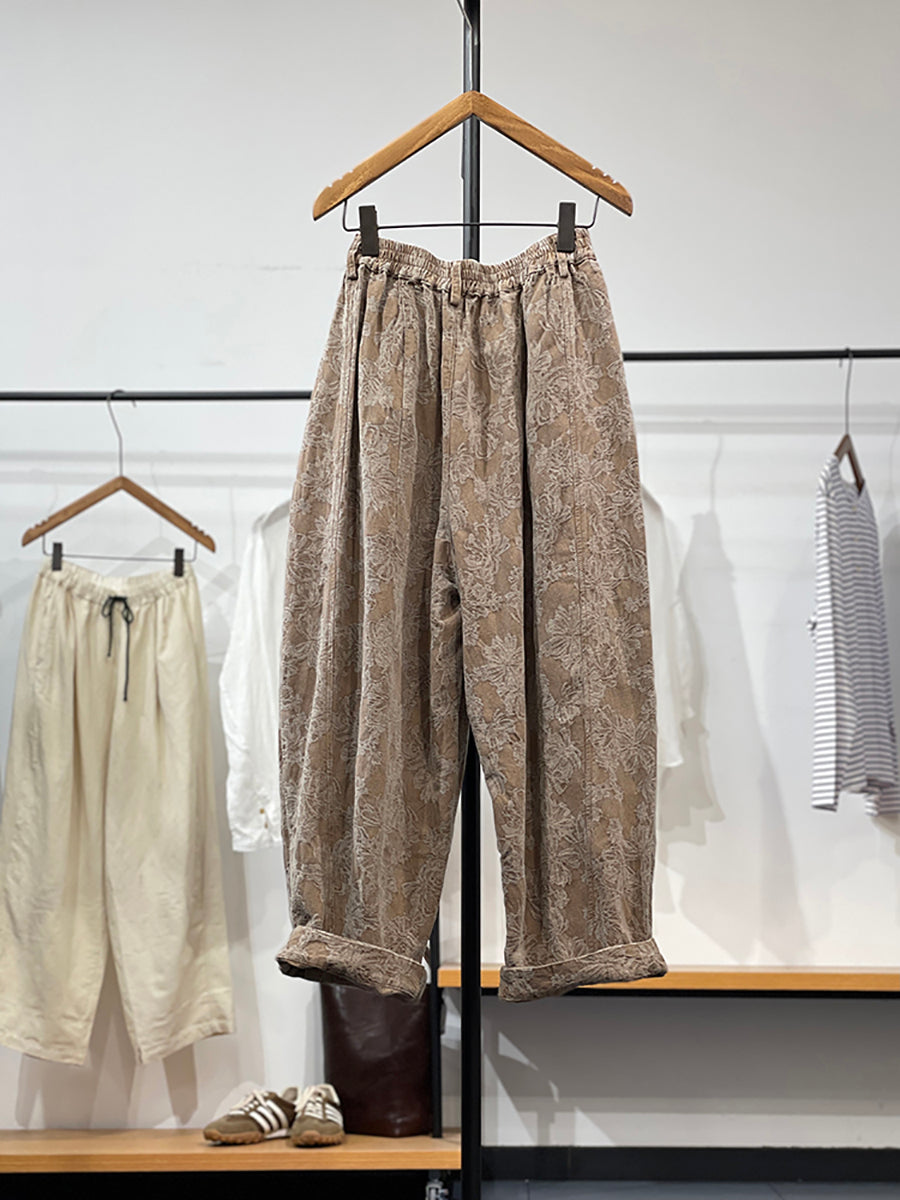 Women's Wide Leg Pants Green Jacquard Linen Cotton