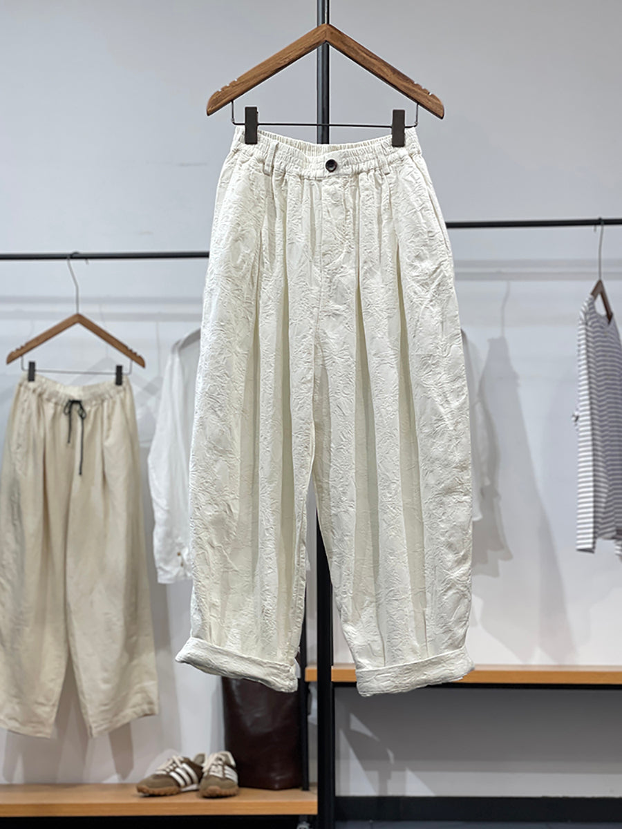 Women's Wide Leg Pants Green Jacquard Linen Cotton