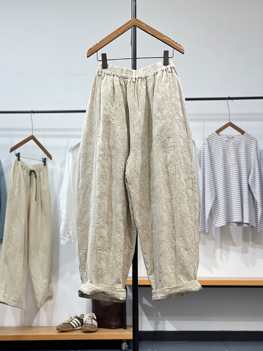 Women's Wide Leg Pants Green Jacquard Linen Cotton