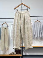 Women's Wide Leg Pants Green Jacquard Linen Cotton