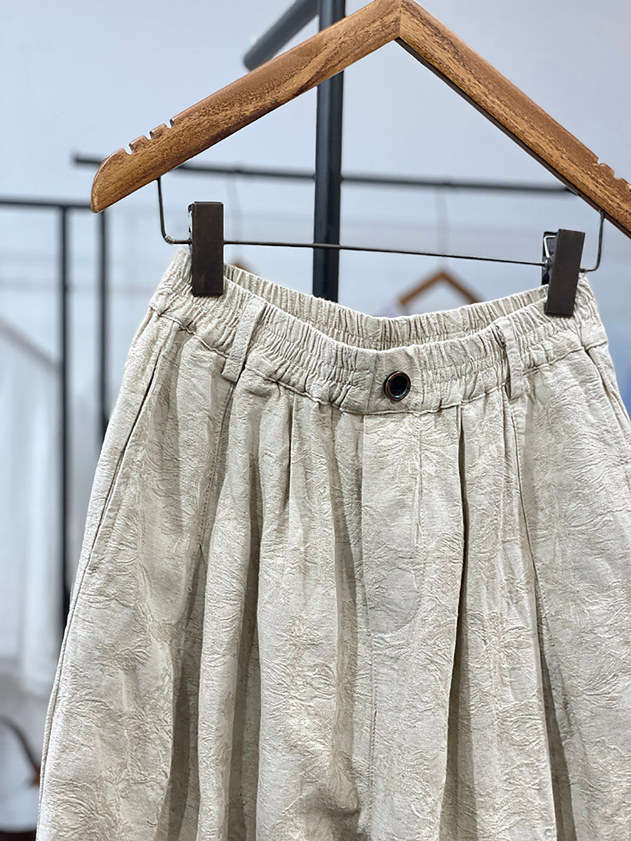 Women's Wide Leg Pants Green Jacquard Linen Cotton