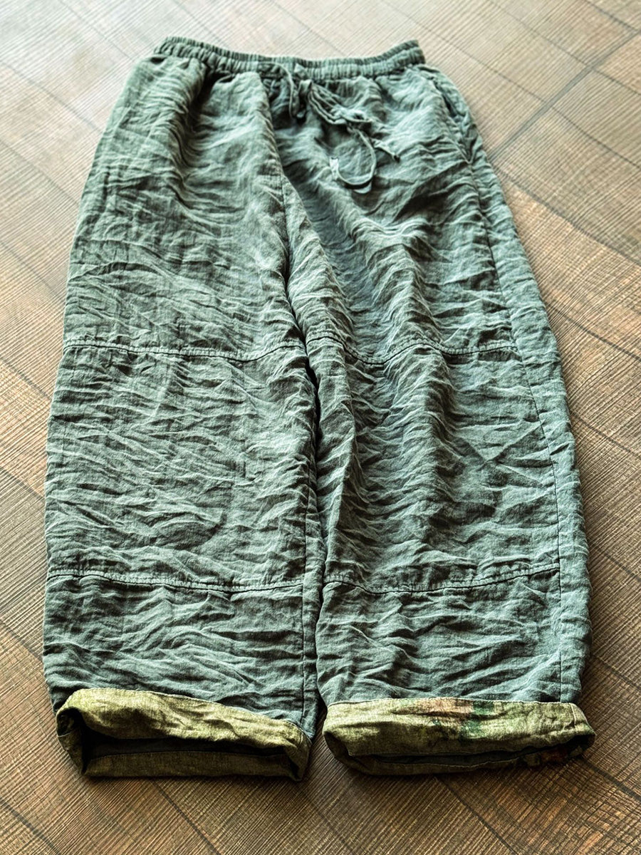 Women's Wide Leg Pants Green Linen Plus Size