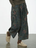 Women's Wide Leg Pants Blue Cotton Blend Retro Flower Design