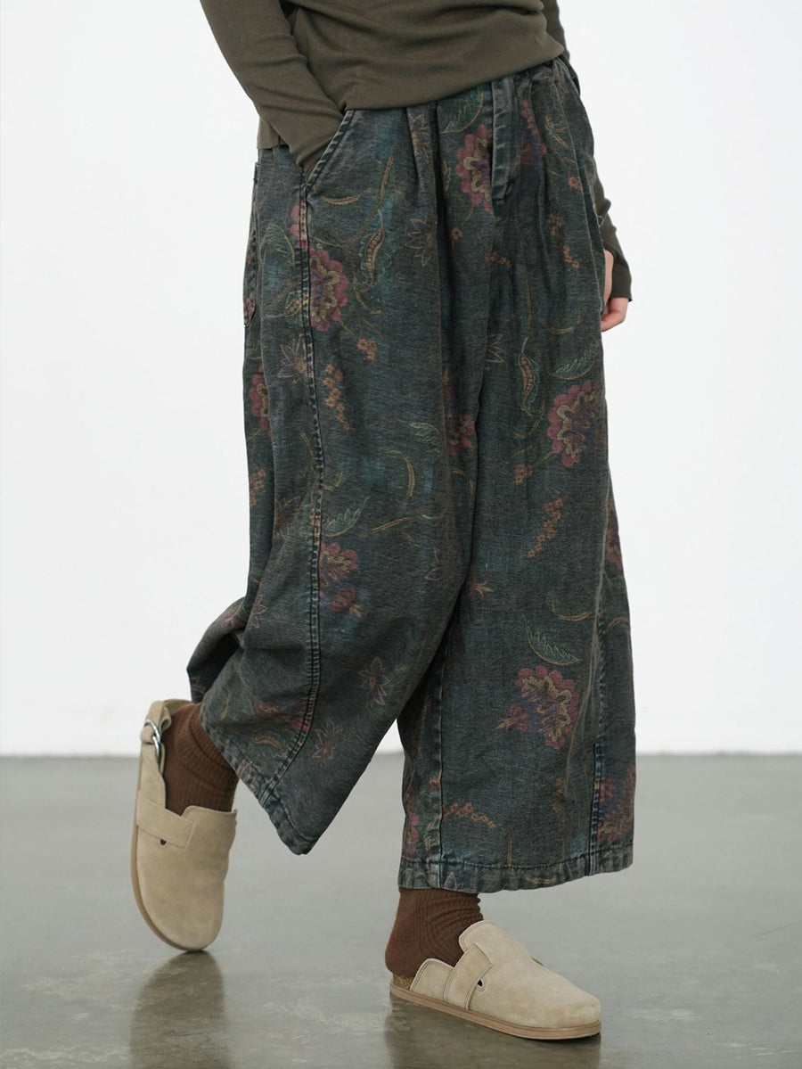 Women's Wide Leg Pants Blue Cotton Blend Retro Flower Design