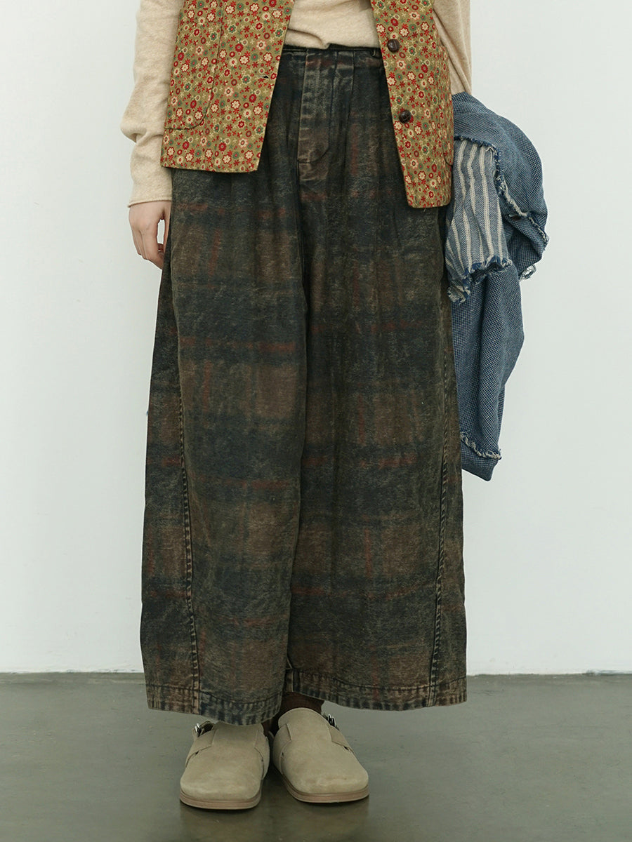 Women's Wide Leg Pants Blue Cotton Blend Retro Flower Design