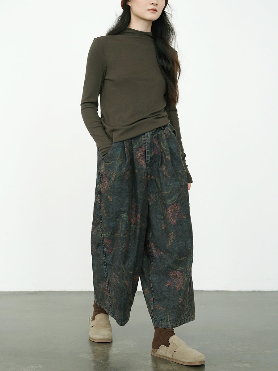 Women's Wide Leg Pants Blue Cotton Blend Retro Flower Design