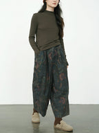 Women's Wide Leg Pants Blue Cotton Blend Retro Flower Design