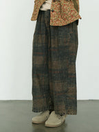 Women's Wide Leg Pants Blue Cotton Blend Retro Flower Design