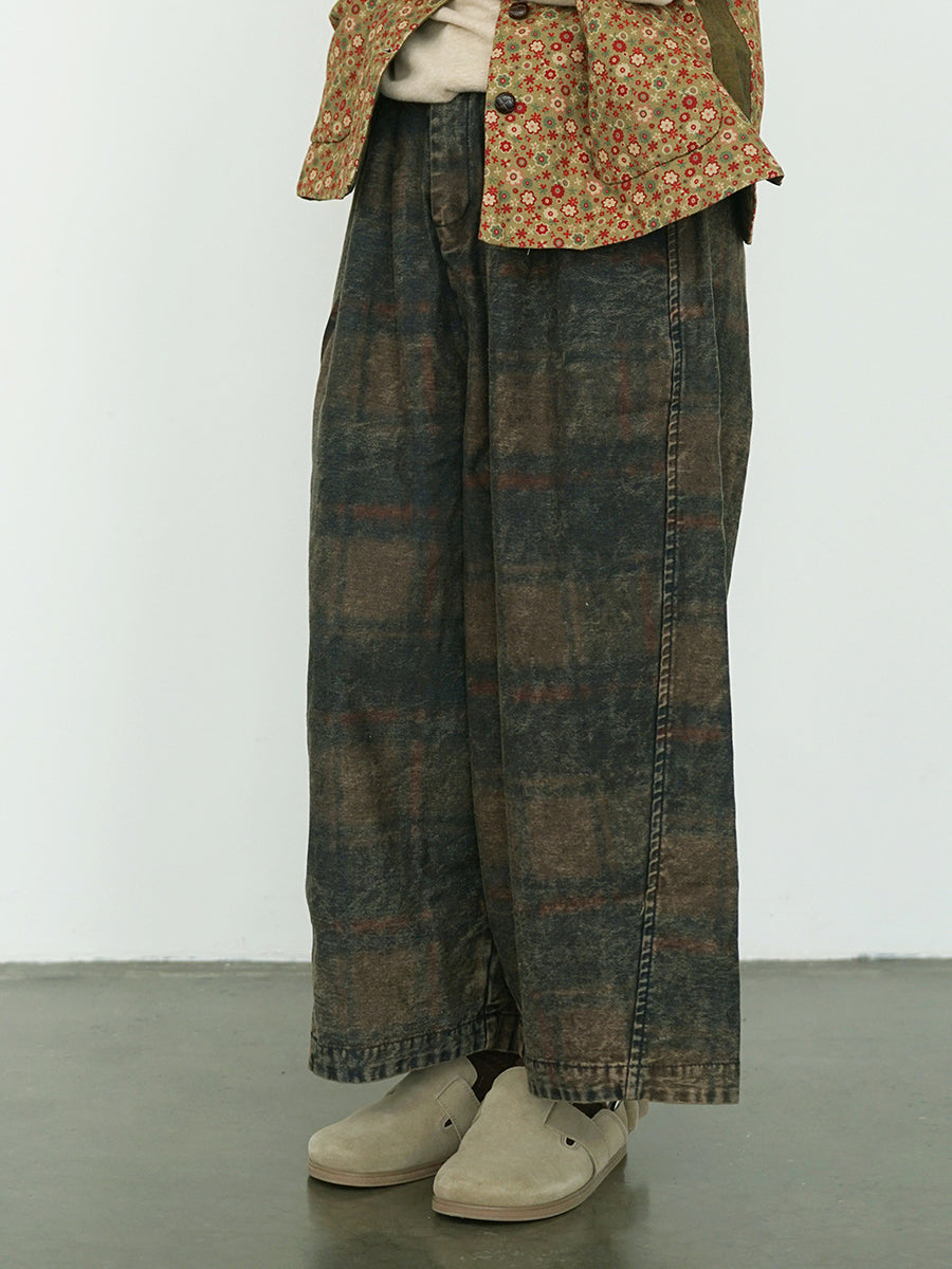 Women's Wide Leg Pants Blue Cotton Blend Retro Flower Design