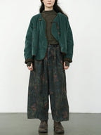 Women's Wide Leg Pants Blue Cotton Blend Retro Flower Design