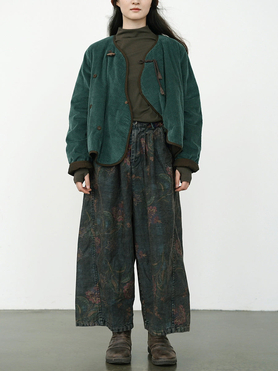 Women's Wide Leg Pants Blue Cotton Blend Retro Flower Design