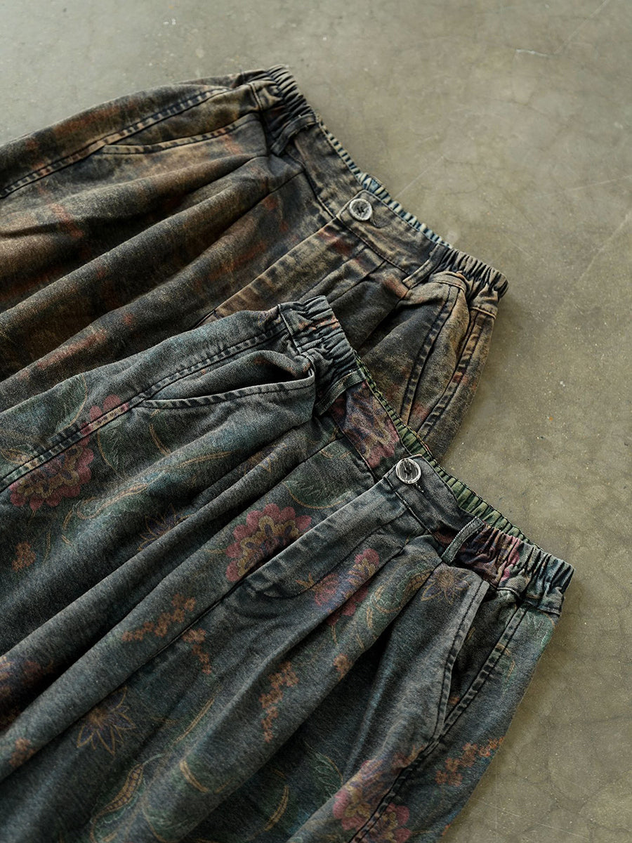 Women's Wide Leg Pants Blue Cotton Blend Retro Flower Design