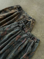 Women's Wide Leg Pants Blue Cotton Blend Retro Flower Design