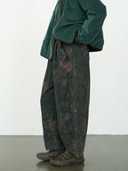 Women's Wide Leg Pants Blue Cotton Blend Retro Flower Design