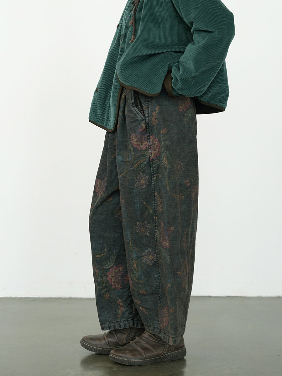Women's Wide Leg Pants Blue Cotton Blend Retro Flower Design