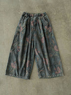 Women's Wide Leg Pants Blue Cotton Blend Retro Flower Design