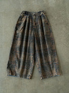 Women's Wide Leg Pants Blue Cotton Blend Retro Flower Design