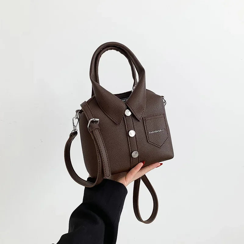 Vegan Leather Top Handle Bag – Collared Shirt Design — Brown, hand-held view | BTendance