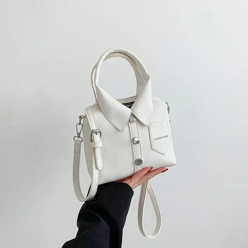 Vegan Leather Top Handle Bag – Collared Shirt Design — White, hand-held view | BTendance
