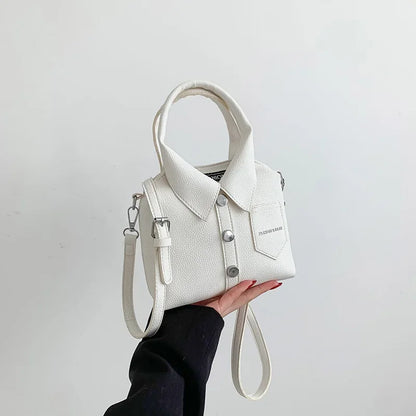 Vegan Leather Top Handle Bag – Collared Shirt Design — White, hand-held view | BTendance