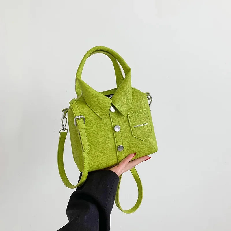 Vegan Leather Top Handle Bag – Collared Shirt Design — Lime Green, hand-held view | BTendance