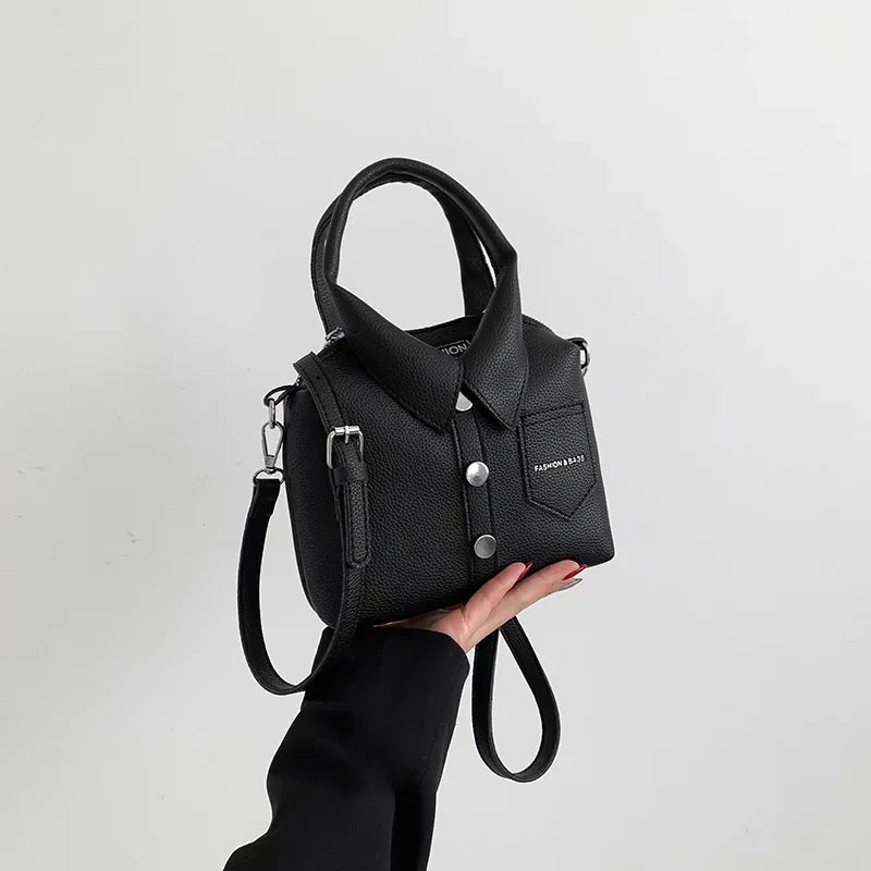 Vegan Leather Top Handle Bag – Collared Shirt Design — Black, hand-held view | BTendance