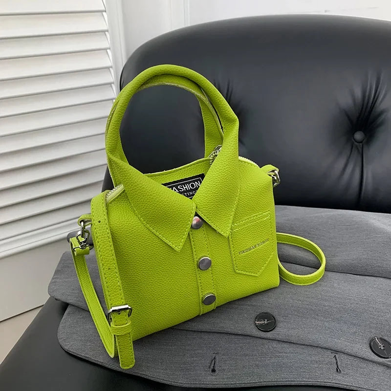 Vegan Leather Top Handle Bag – Collared Shirt Design — Lime Green, seat styling | BTendance