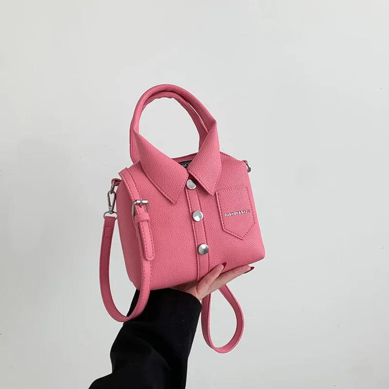 Vegan Leather Top Handle Bag – Collared Shirt Design — Pink, hand-held view | BTendance