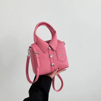 Vegan Leather Top Handle Bag – Collared Shirt Design — Pink, hand-held view | BTendance