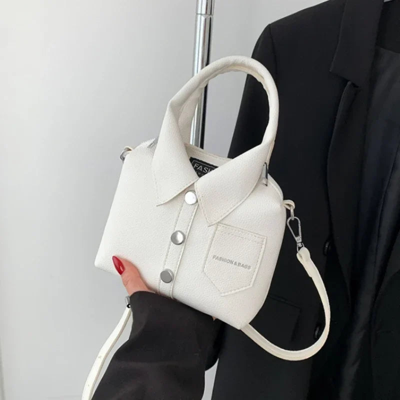 Vegan Leather Top Handle Bag – Collared Shirt Design — White, carried by top handles | BTendance